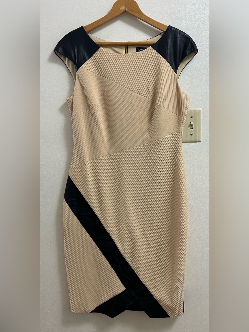 Jax Beige Midi Dress with Black Leather Accent (size 12)